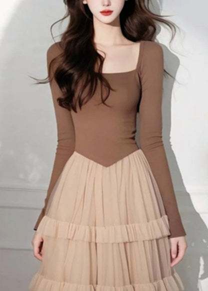 Cake Long Coffee Square Tulle Elegant Dress Patchwork Collar