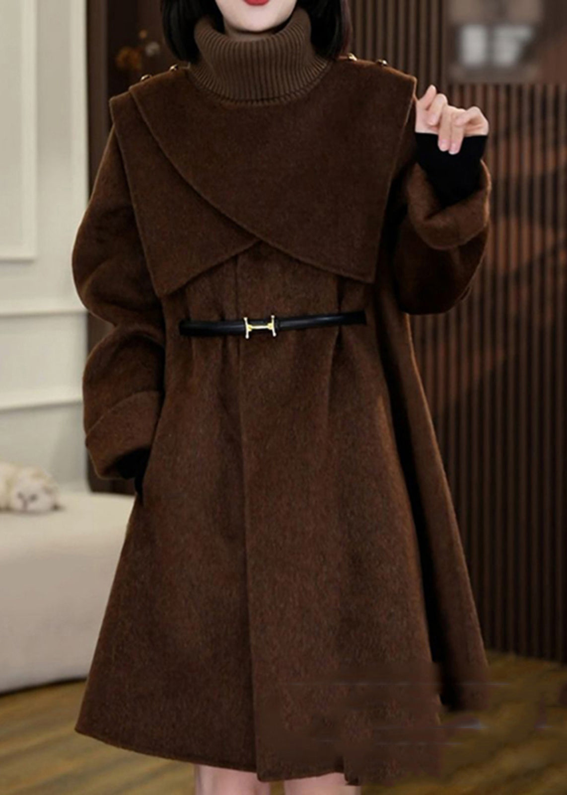 Elegant Coffee Woolen Coats And Knit Scarf Two Pieces Set Winter RF041