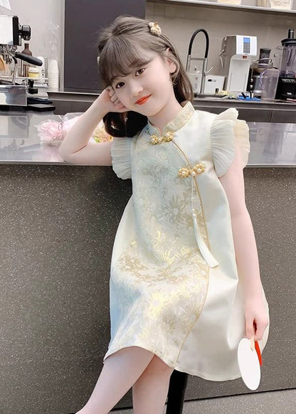 Maxi Vacation Girls Button Elegant Gold Stand Ruffled Collar