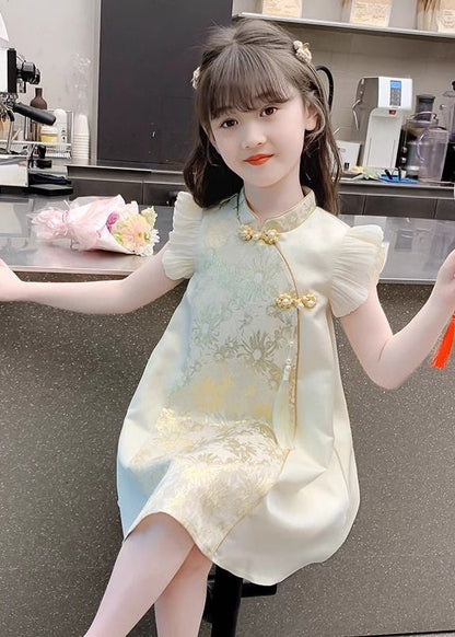 Maxi Vacation Girls Button Elegant Gold Stand Ruffled Collar