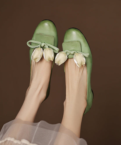 Shoes Elegant Cowhide Bow Leather Flat Splicing Floral Green