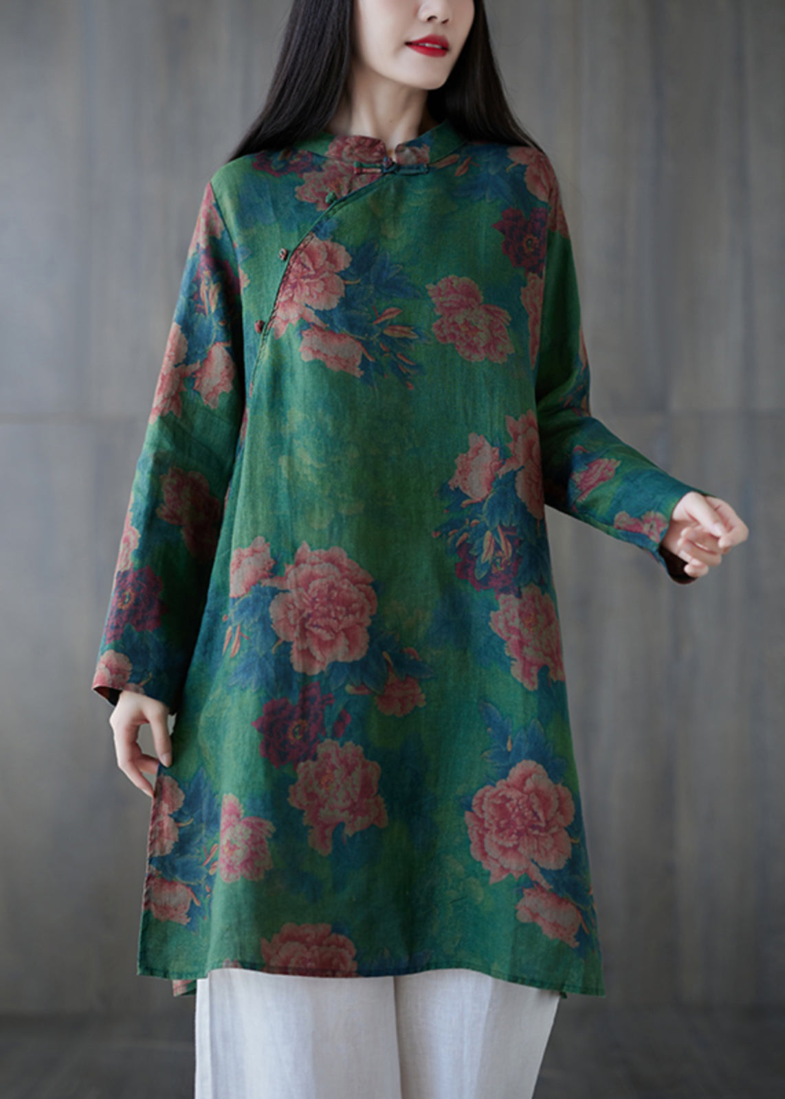 Elegant Green Button Print Linen Mid Dress Long Sleeve GG063