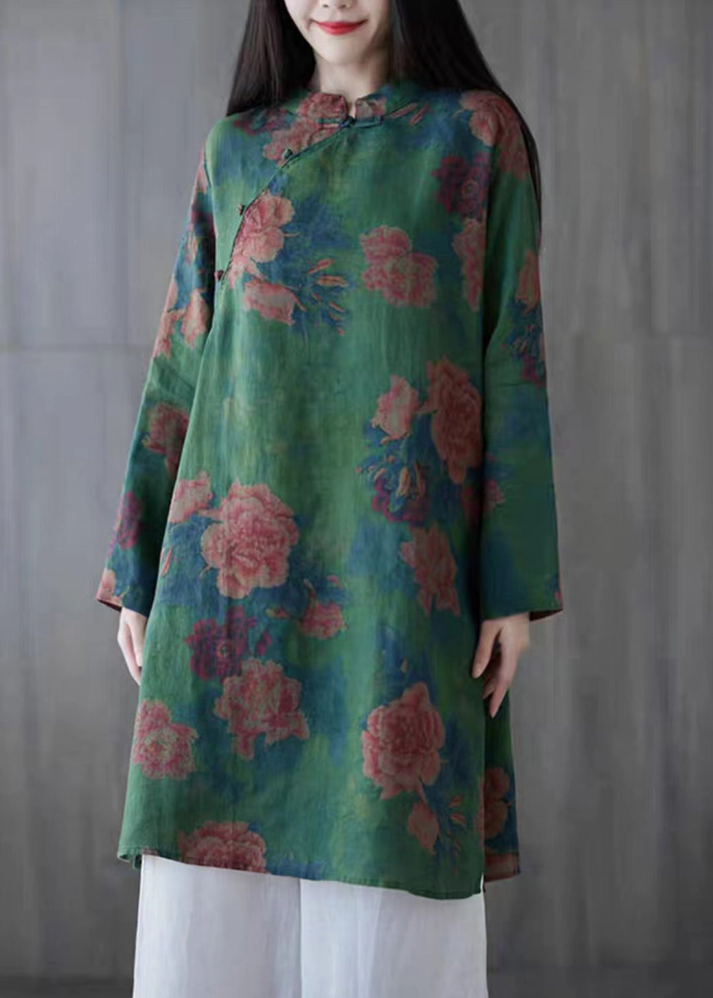 Elegant Green Button Print Linen Mid Dress Long Sleeve GG063