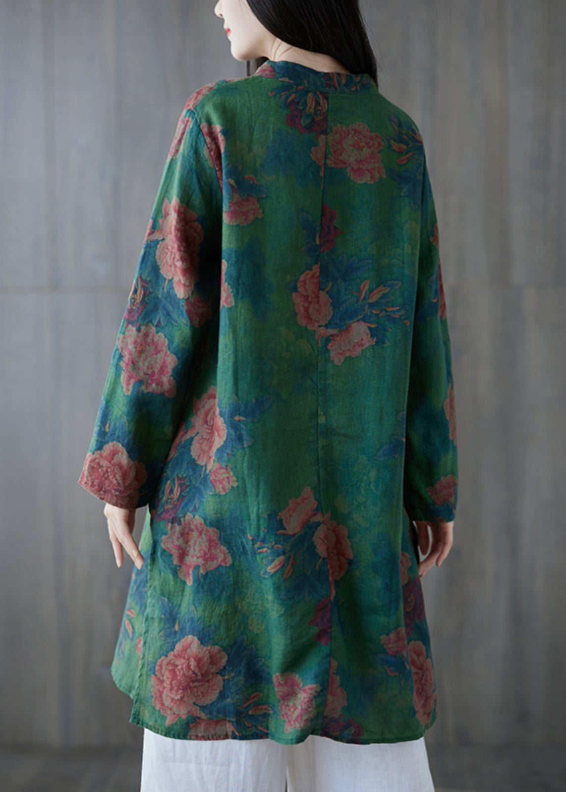 Elegant Green Button Print Linen Mid Dress Long Sleeve GG063