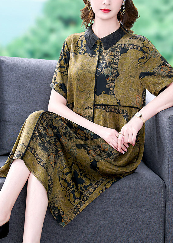 Elegant Green Peter Pan Collar Print Silk Dress Summer BB068