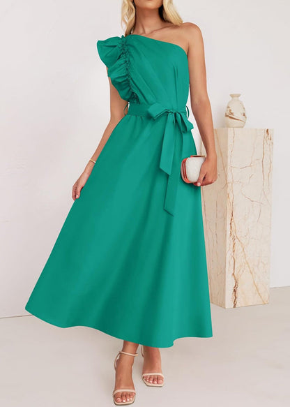 Robe longue élégante en coton vert à volants et taille nouée pour l'été BB059