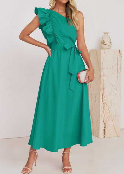 Robe longue élégante en coton vert à volants et taille nouée pour l'été BB059