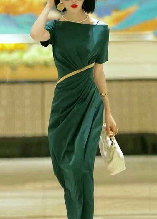 Elegant Green Slash Neck Slim Fit Cotton Dress Summer EE1017