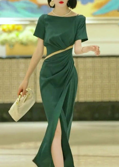 Elegant Green Slash Neck Slim Fit Cotton Dress Summer EE1017