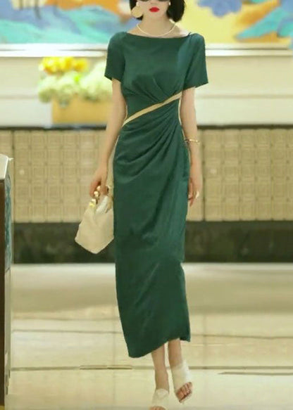 Elegant Green Slash Neck Slim Fit Cotton Dress Summer EE1017