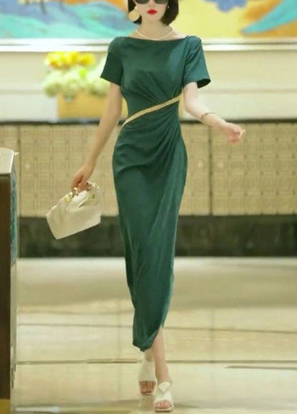 Elegant Green Slash Neck Slim Fit Cotton Dress Summer EE1017