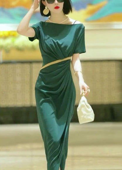 Elegant Green Slash Neck Slim Fit Cotton Dress Summer EE1017