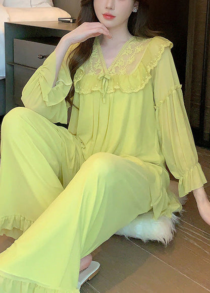 Collar Piece Pajamas Suit Square Green Up Elegant Tulle Lace Two