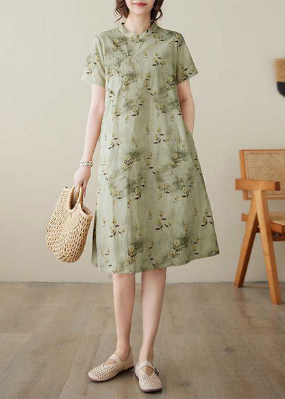 Cotton Elegant Button Dress Collar Print Summer Stand Green