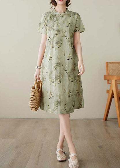 Cotton Elegant Button Dress Collar Print Summer Stand Green