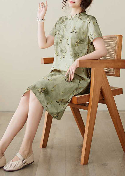 Cotton Elegant Button Dress Collar Print Summer Stand Green