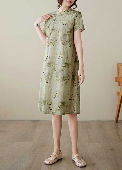 Cotton Elegant Button Dress Collar Print Summer Stand Green