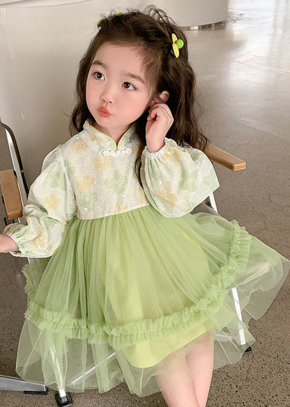 Elegant Green Stand Collar Tulle Patchwork Girls Dress Fall XZ093