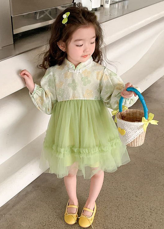 Elegant Green Stand Collar Tulle Patchwork Girls Dress Fall XZ093