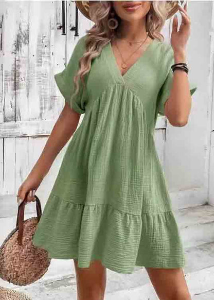 Summer Green Line A Dresses Cotton V Neck Elegant