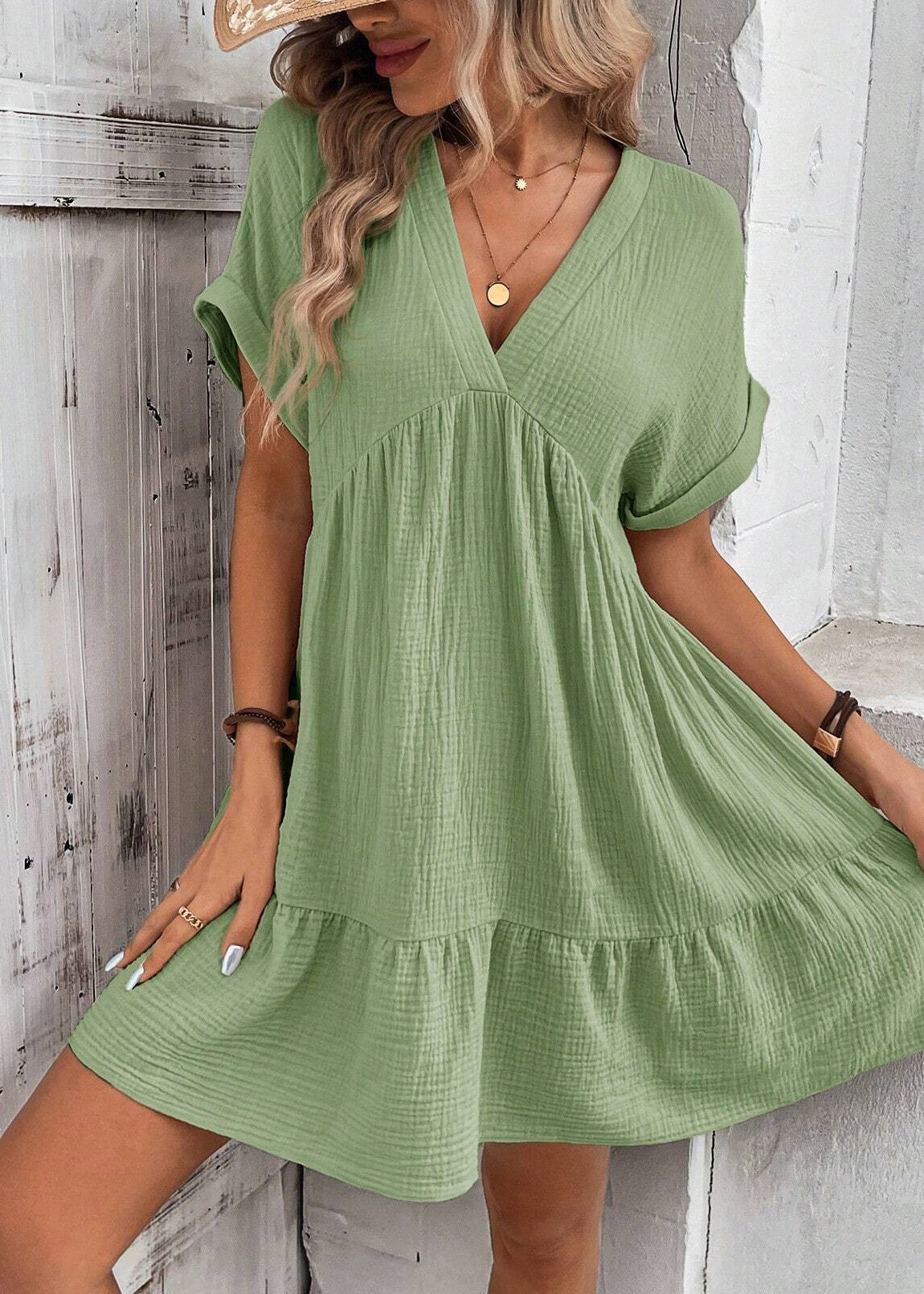 Summer Green Line A Dresses Cotton V Neck Elegant