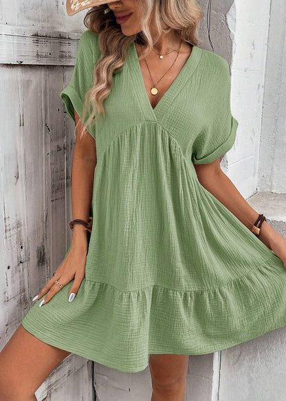 Summer Green Line A Dresses Cotton V Neck Elegant
