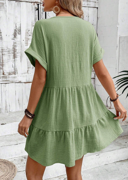 Summer Green Line A Dresses Cotton V Neck Elegant
