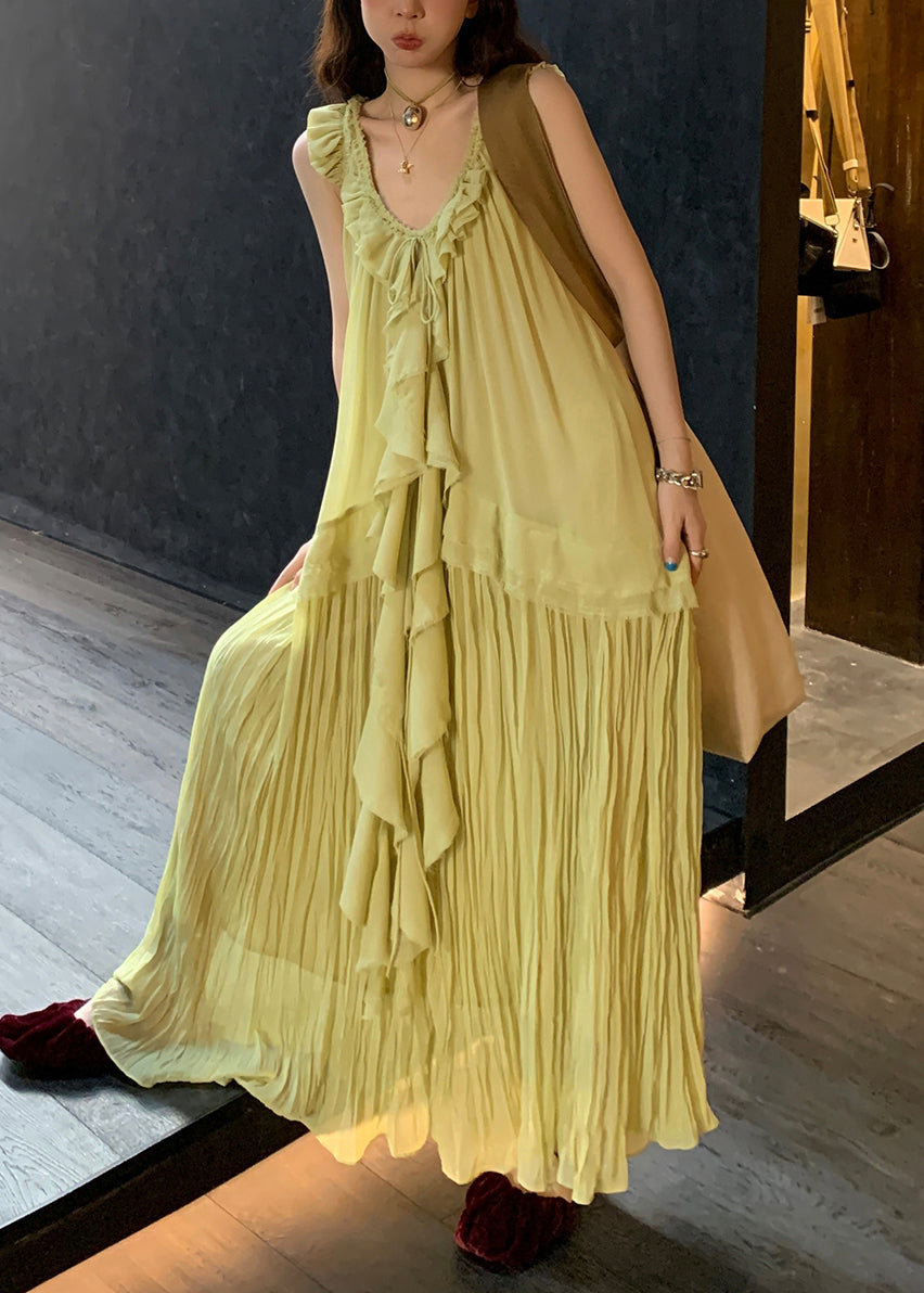 Neck Up Dress Lace Wrinkled V Green Chiffon Elegant Long