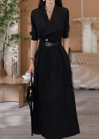 Elegant Green V Neck Waist Sashes Cotton Long Dresses Fall RF013