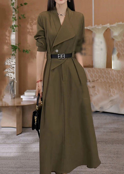 Elegant Green V Neck Waist Sashes Cotton Long Dresses Fall RF013