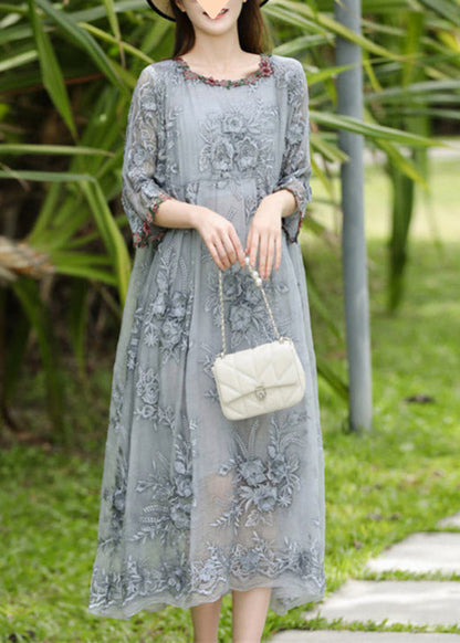 Dresses Silk O-Neck Sleeve Bracelet Elegant Embroidered Long Grey