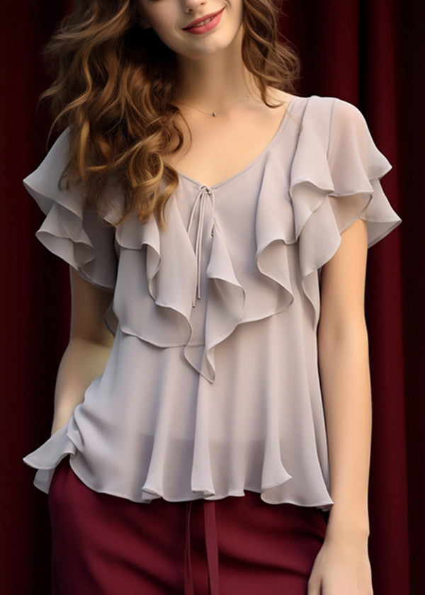 Blouses Chiffon Patchwork Ruffled Grey Summer Elegant