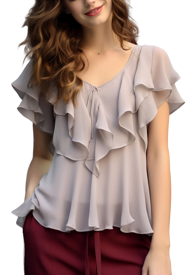 Blouses Chiffon Patchwork Ruffled Grey Summer Elegant