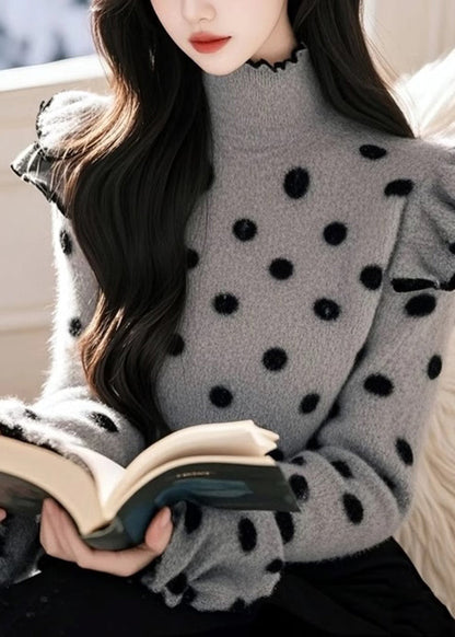 Elegant Grey Ruffled Patchwork Knitted Sweaters Tops Spring TN040