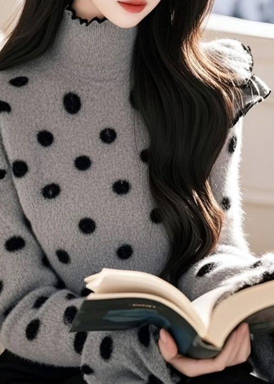 Elegant Grey Ruffled Patchwork Knitted Sweaters Tops Spring TN040