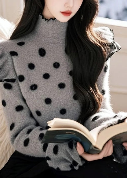 Elegant Grey Ruffled Patchwork Knitted Sweaters Tops Spring TN040