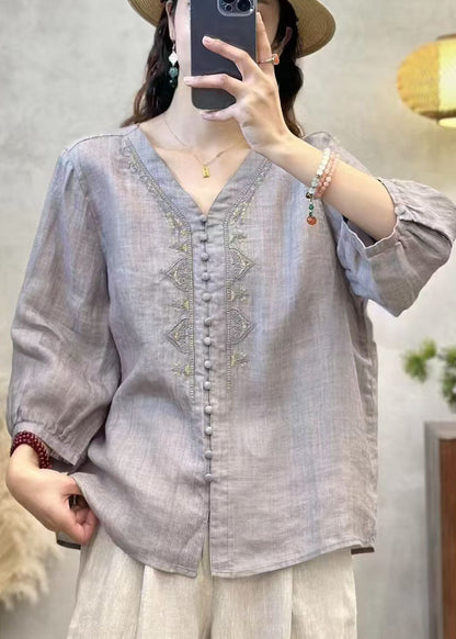 Shirts Sleeve Grey Linen Neck Bracelet Embroidered V Elegant