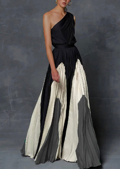 Grey Sleeveless Dress Ankle Patchwork Elegant Cotton Wrinkled