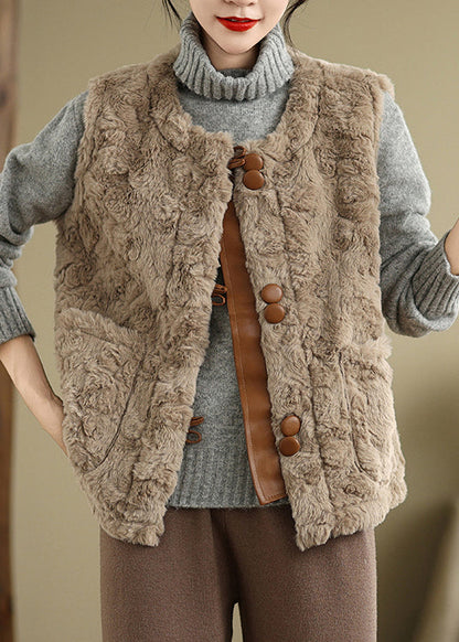 Elegant Khaki Button Pockets Teddy Faux Fur Waistcoat Sleeveless WL022