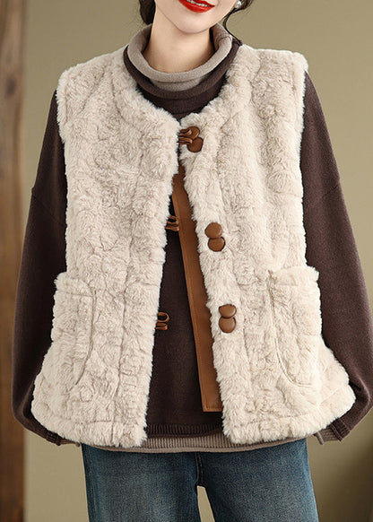 Elegant Khaki Button Pockets Teddy Faux Fur Waistcoat Sleeveless WL022