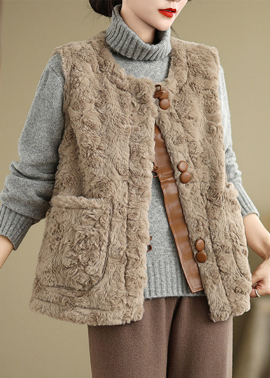 Elegant Khaki Button Pockets Teddy Faux Fur Waistcoat Sleeveless WL022