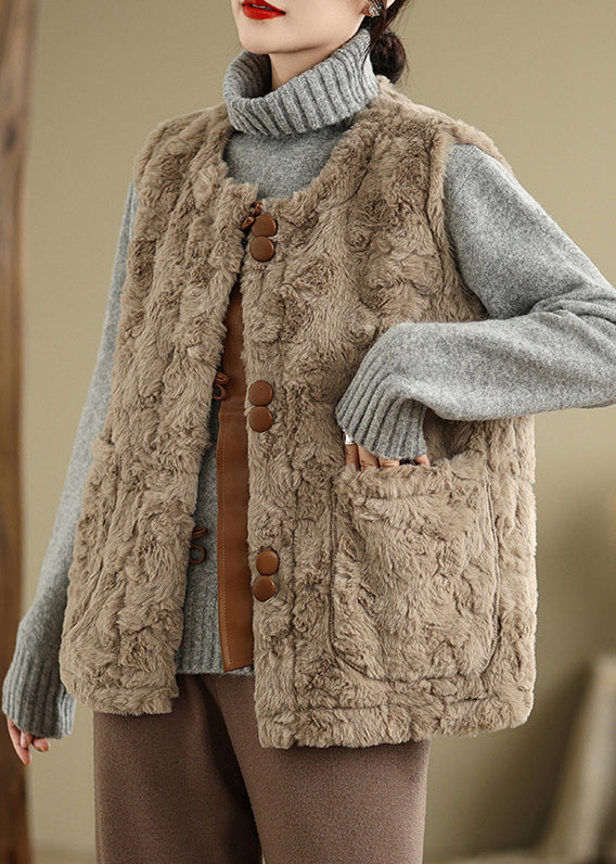 Elegant Khaki Button Pockets Teddy Faux Fur Waistcoat Sleeveless WL022