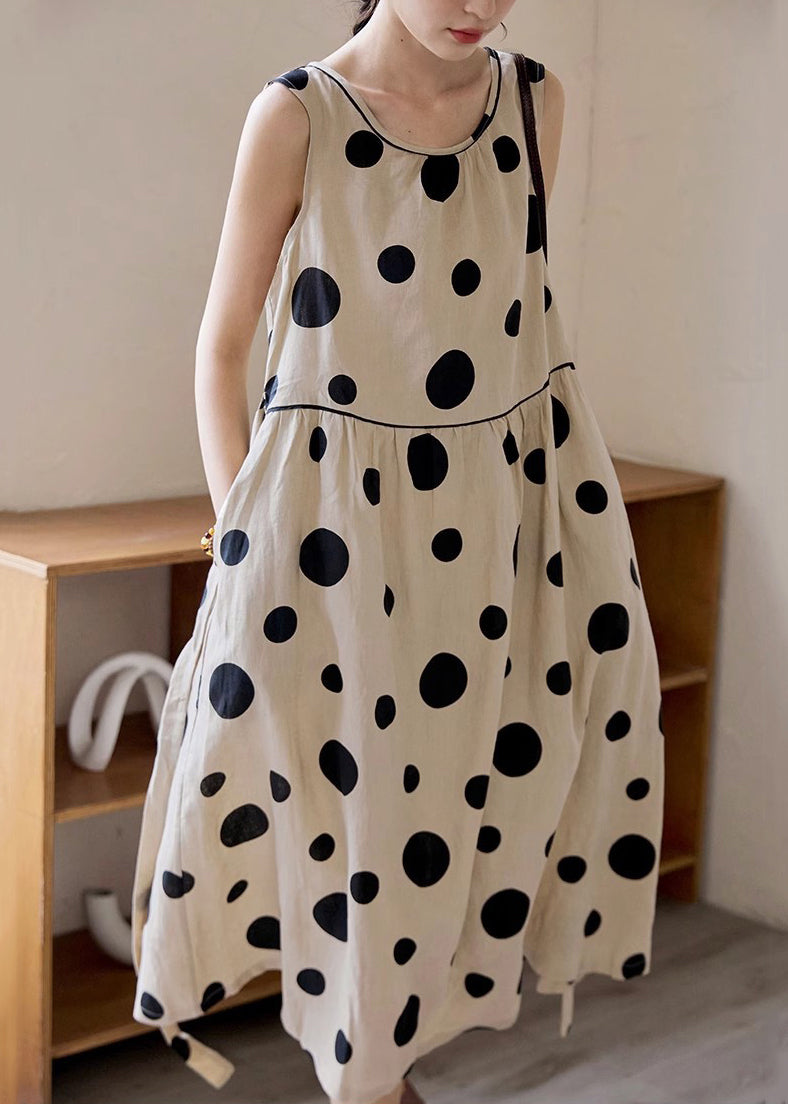 Tie Pockets Waist Elegant Long Dress Cotton Dot Sleeveless Khaki