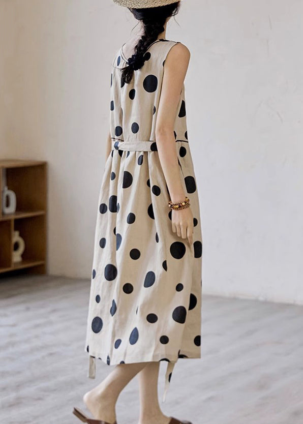 Tie Long Sleeveless Dress Cotton Pockets Elegant Dot Waist Khaki