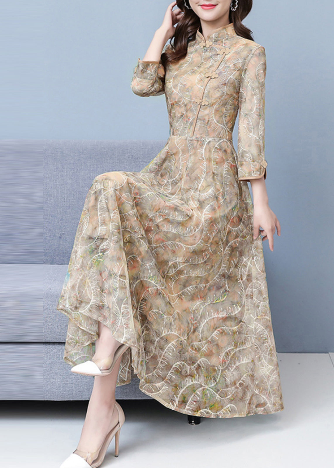 Elegant Khaki Print Exra Large Hem Lace Oriental Dresses Spring OO026