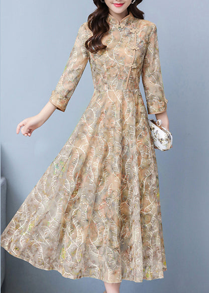 Elegant Khaki Print Exra Large Hem Lace Oriental Dresses Spring OO026