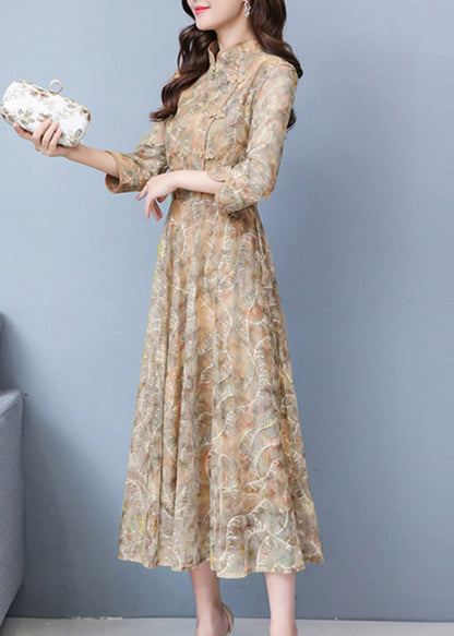 Elegant Khaki Print Exra Large Hem Lace Oriental Dresses Spring OO026