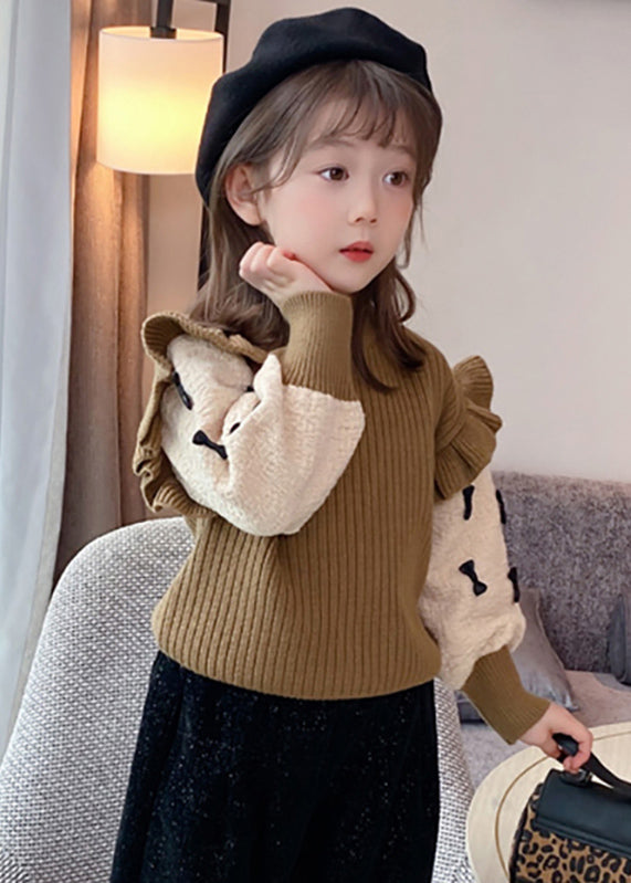 Elegant Khaki Ruffled Patchwork Bow Cotton Knit Kids Sweaters Winter WL046