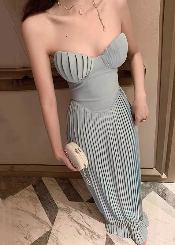 Wrinkled Shoulder Solid Light Cold Cotton Elegant Blue Party