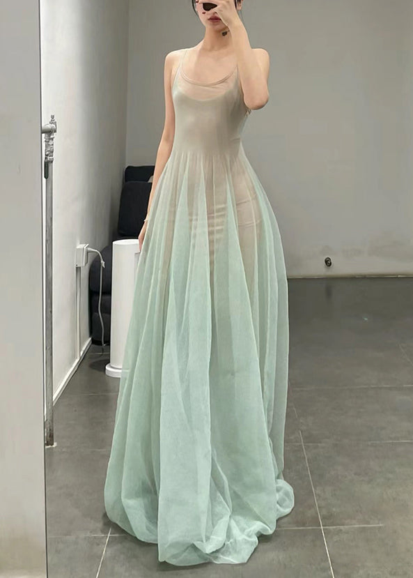 Elegant Light Green O-Neck Tulle Spaghetti Strap Dress Sleeveless KK006